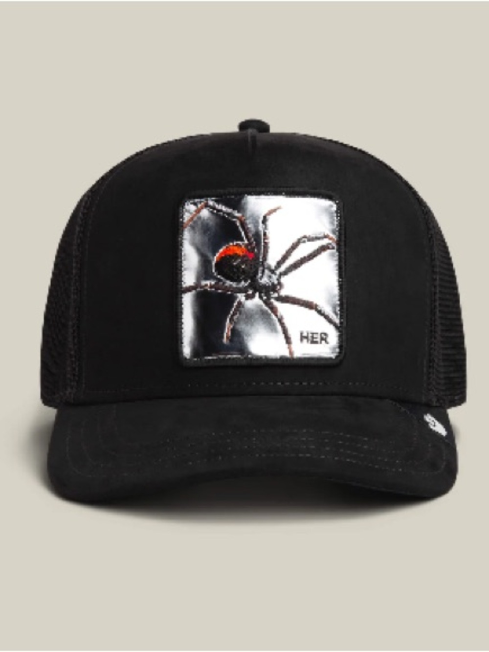 Black Trucker Cap with Red-Accented " HER" Spider Patch